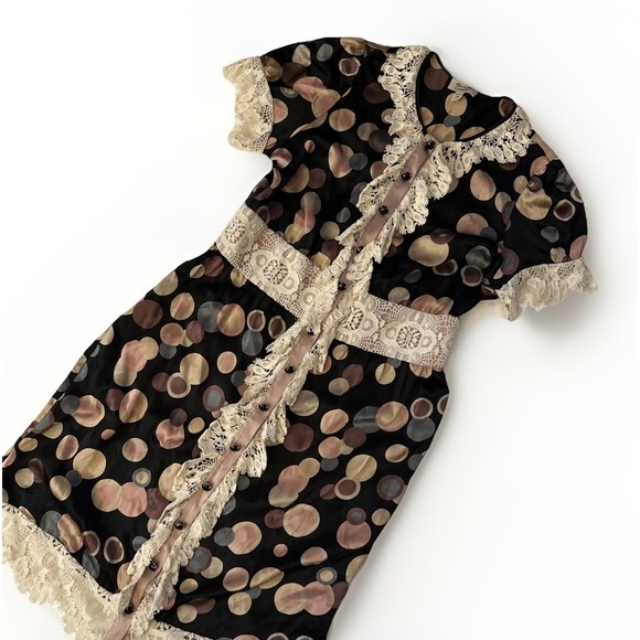 VTG Bebe Women's 100% Silk Midi Dress Size L Black Brown Lace Coquette Victorian - Picture 1 of 13